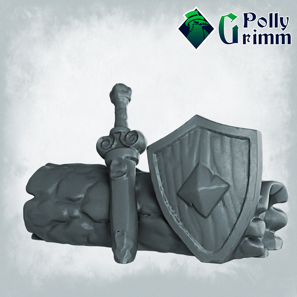 Fantasy terrain. Adventurers' camp set. Log with trusty sword and shield